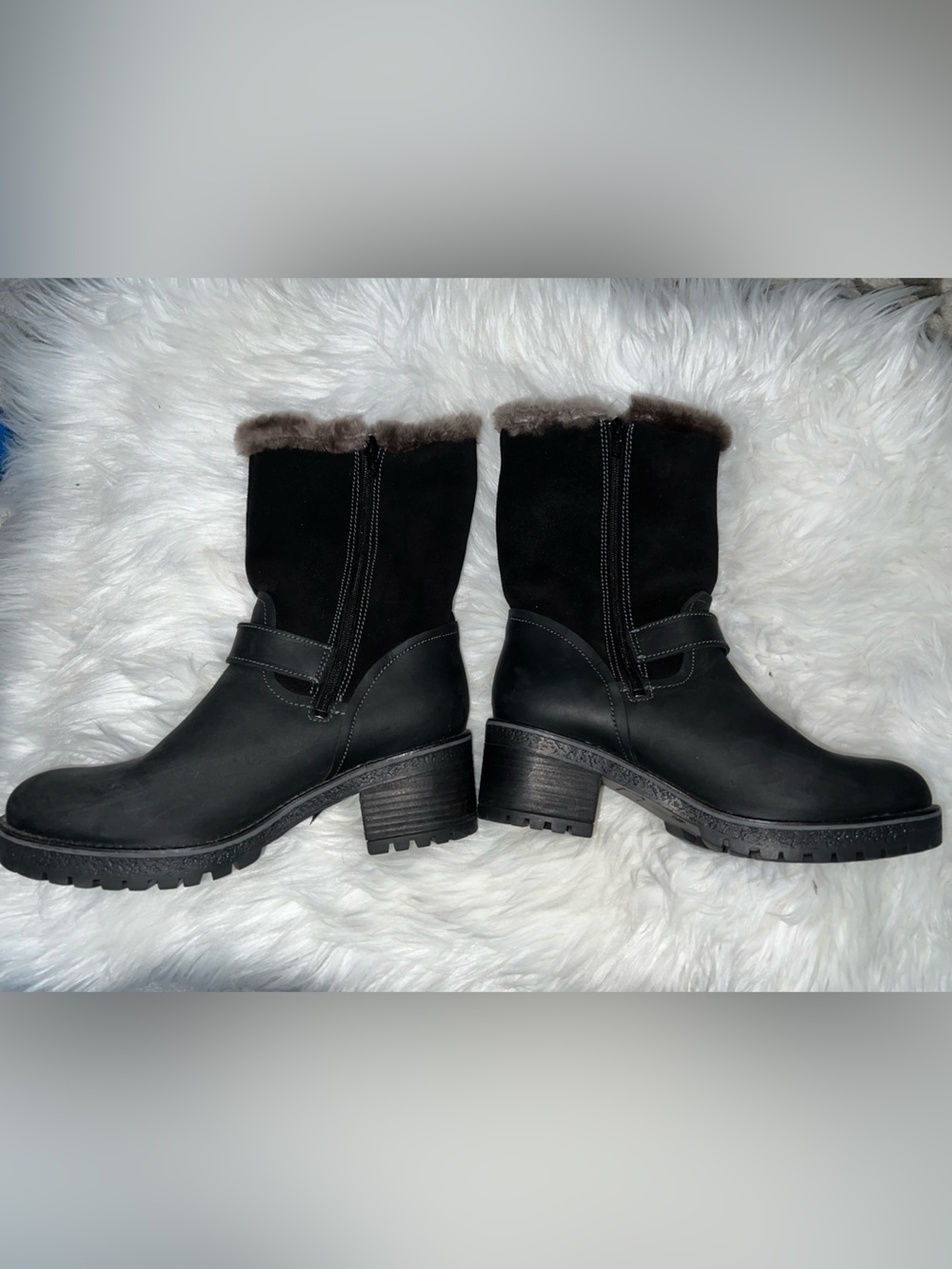 Faux-Fur Trim Black Mid-Calf Winter Boots